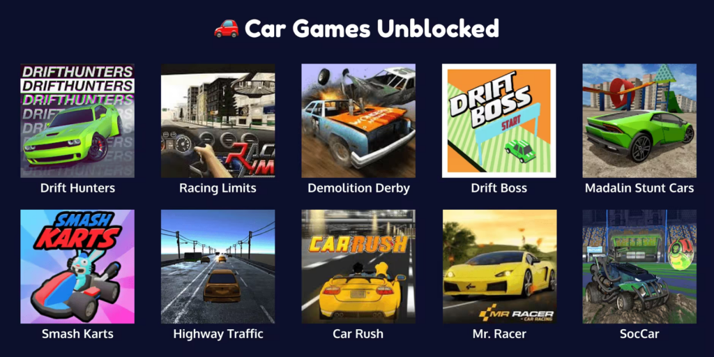 Discover the best car games unblocked online. Play free racing, drifting, and crash games at school or work. No downloads, instant fun, anytime, anywhere.