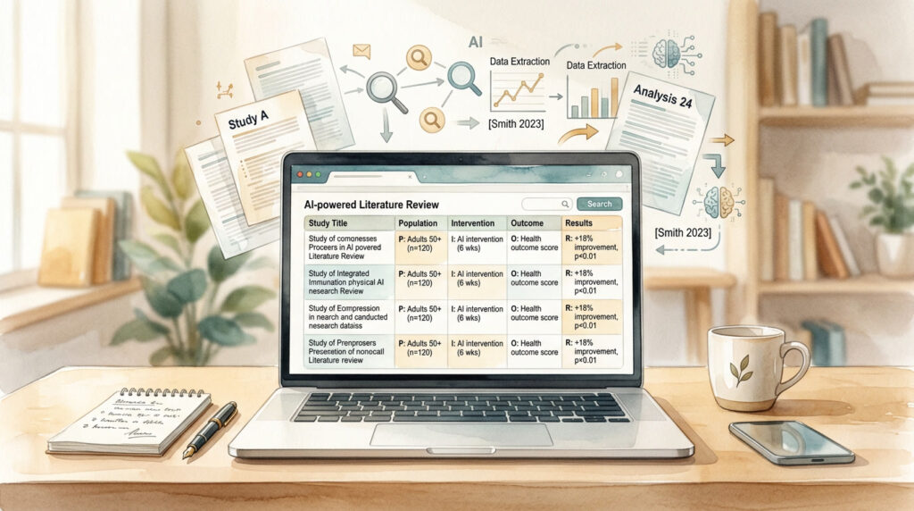 AI research assistant extracting data from academic papers into a structured table