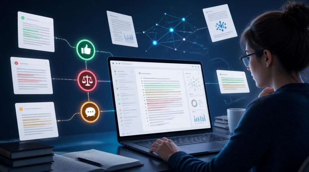 Scite.ai AI research tool interface with Smart Citations, academic papers, citation links, and evidence verification visuals.