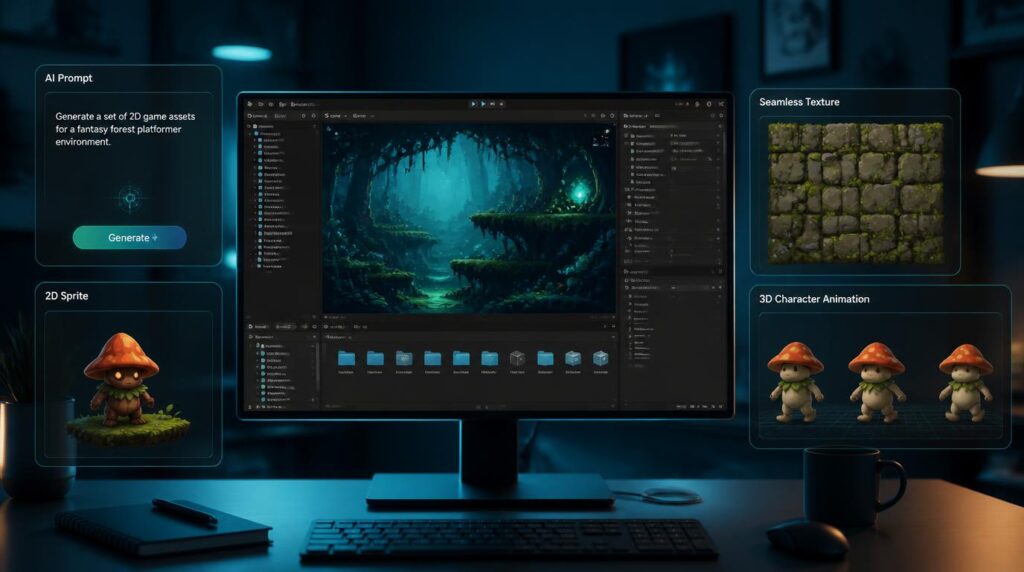 AI game development tool generating sprites and textures inside a Unity-style game editor